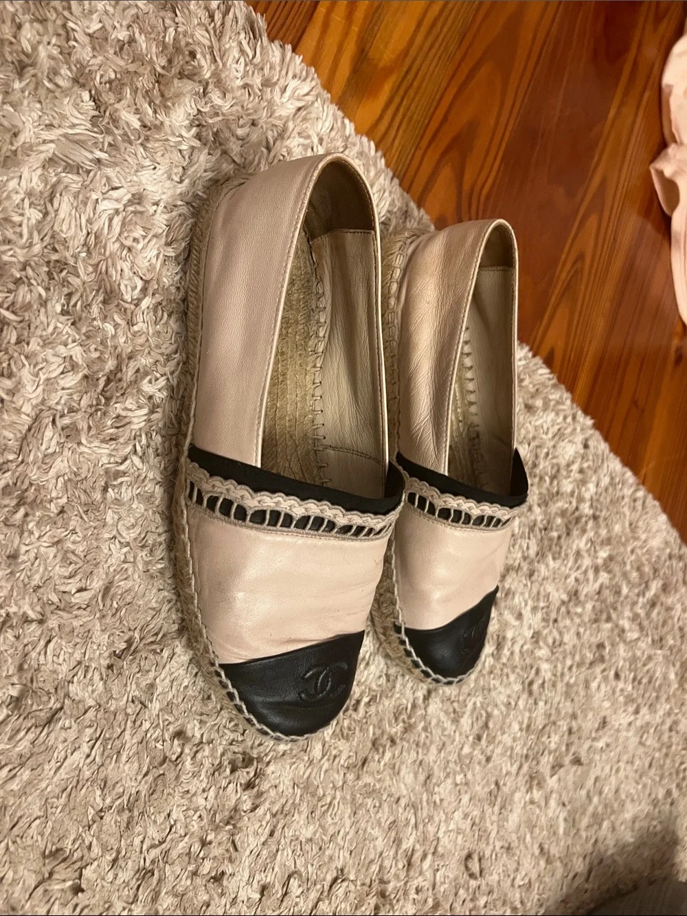 CHANEL Two-Tone Leather Espadrilles in Cream and Black with Lace Trim